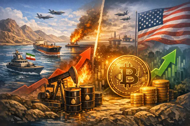 A conceptual illustration showing the Strait of Hormuz as a narrow waterway with oil tankers and a Bitcoin chart overlay, representing the intersection of geopolitical risk and cry