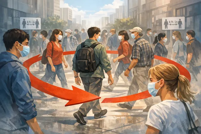 Abstract top-down view of a large crowd of people walking in concentric, counterclockwise spirals, illustrating the universal human bias to turn left.