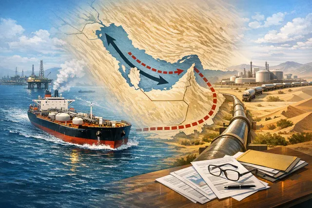 An AI-generated editorial image showing a stylized map of the Arabian Gulf region with the Strait of Hormuz highlighted, oil tanker silhouettes, and pipeline routes marked in orang