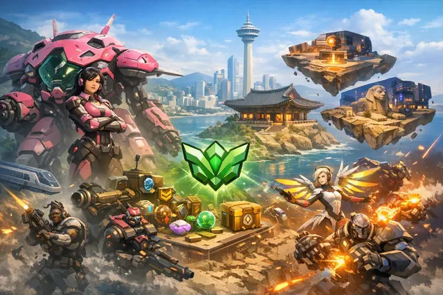 Overwatch Season 4 Heroes of Busan key art featuring D.Mon and the MEKA Squad