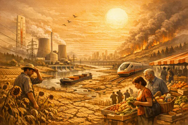 Editorial illustration of drought-stricken European farmland and a low river affecting agriculture, freight and energy infrastructure