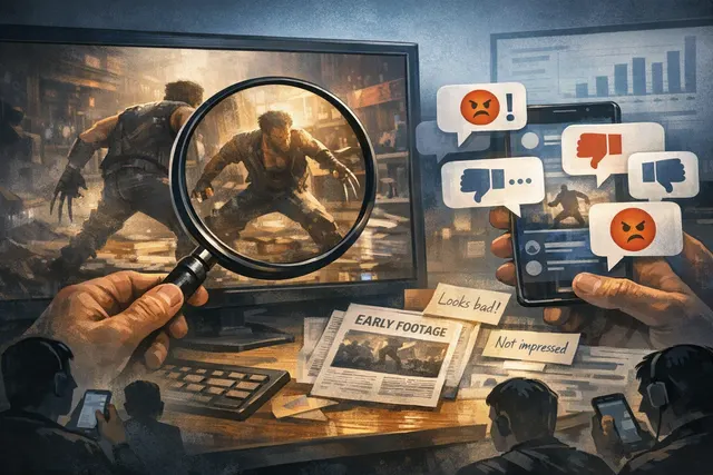 Editorial illustration representing the online backlash over Marvel’s Wolverine gameplay, including a glowing red tracking trail and a Sentinel battle