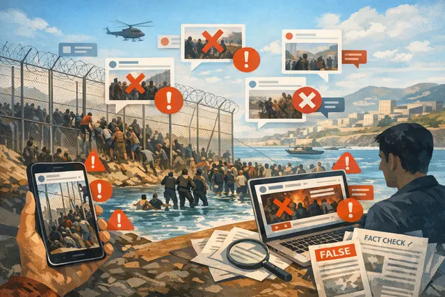 AI-generated editorial illustration showing waves of people crossing a beach border into a Spanish enclave, representing the 2026 Ceuta migrant crisis and the surrounding disinform