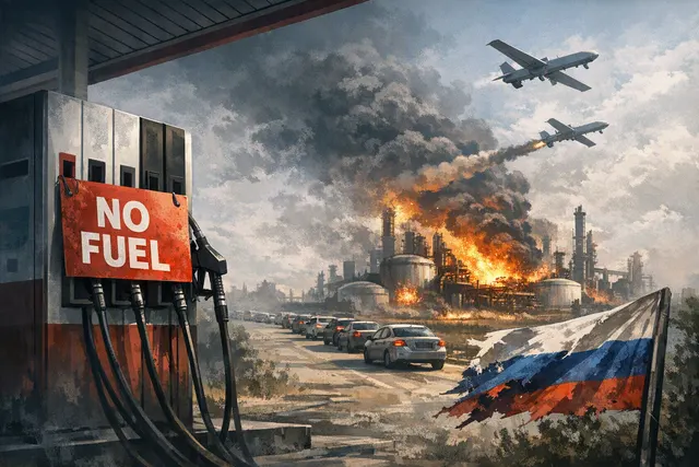 An aerial night view of a large industrial oil refinery complex with fire and smoke rising from multiple points, representing Ukrainian drone strikes on Russian oil infrastructure.