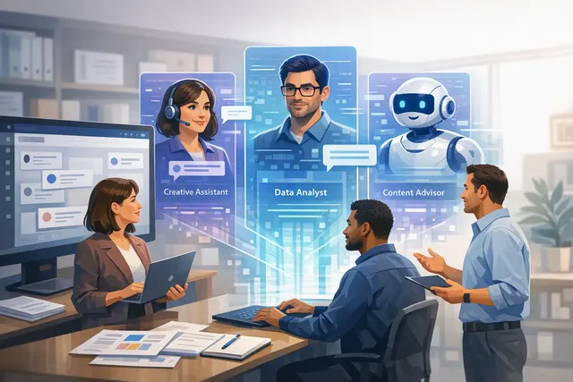 An abstract illustration of a digital interface showing AI agent avatars being assigned to project tasks alongside human team members.