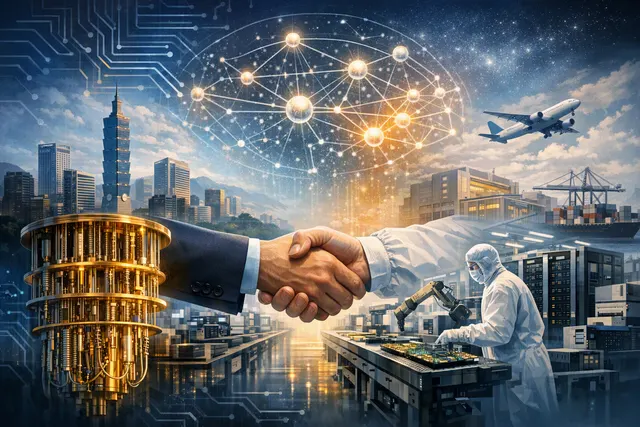 Editorial illustration of modular quantum-computing hardware and industrial manufacturing infrastructure