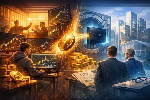 Stylized XRP token illustration with on-chain transfer lines and ETF inflow chart overlays
