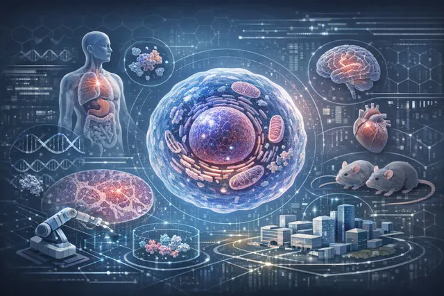 Abstract digital illustration of a virtual cell with multi-agent AI systems represented as glowing nodes connected across multiple biological scales, with a central aging clock mot