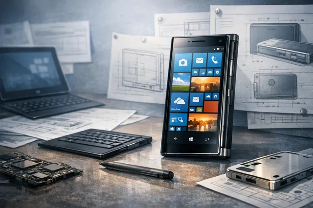 An AI-generated image depicting a conceptual or prototype Microsoft Surface Phone, with a silver metal chassis reminiscent of the Surface 2 tablet.