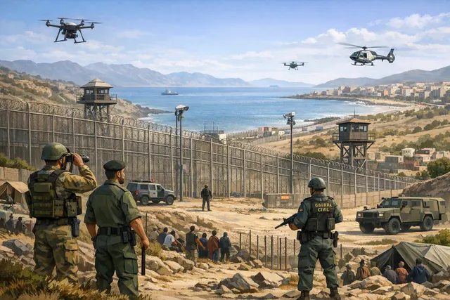 Aerial view of the Ceuta-Morocco border fence and surrounding coastline