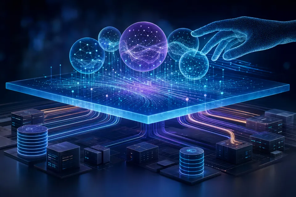Concept illustration of an enterprise AI context layer connecting data systems, business processes, and AI agents
