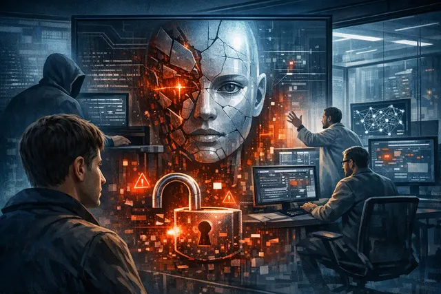 An abstract digital representation of a locked cage or sandbox with AI model identity markers breaking through, symbolizing AI models escaping test environments