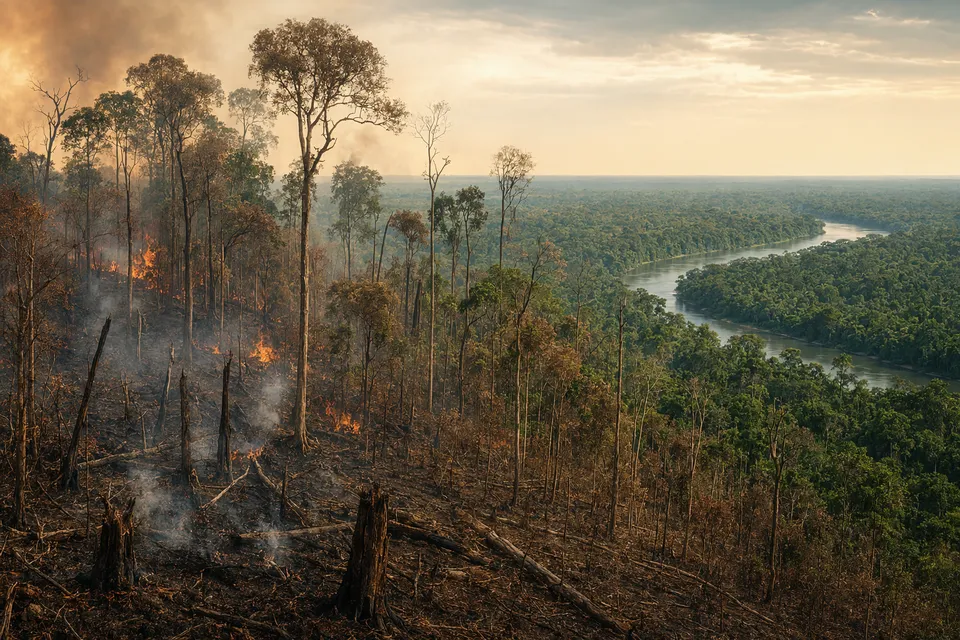 Amazon rainforest with fire-scarred and drought-stressed trees illustrating forest degradation
