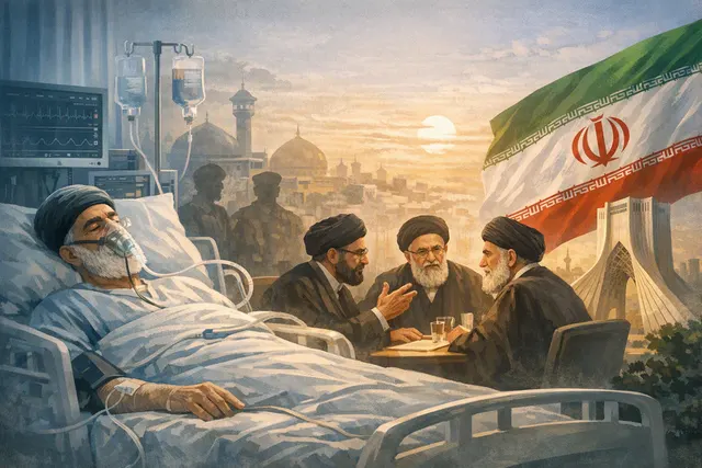 A conceptual image representing the Iranian leadership crisis: a shadowy figure with the title 'Supreme Leader' set against a backdrop of the Iran flag and military silhouettes, sy