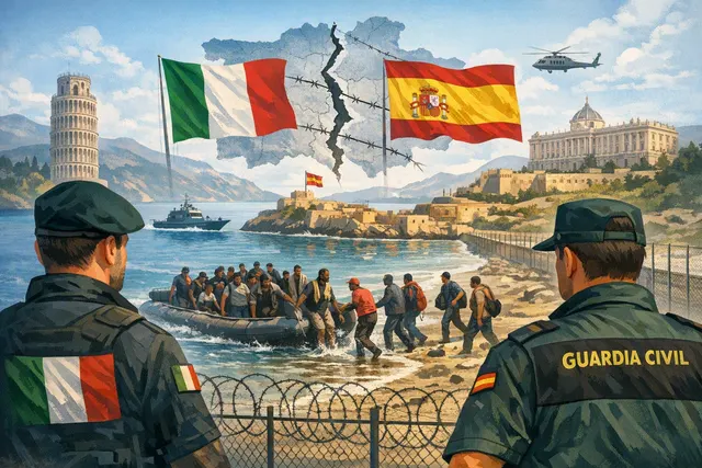 What is the escalating diplomatic and Schengen dispute between Italy and Spain over the estimated 78,000 migrants who crossed from Morocco i