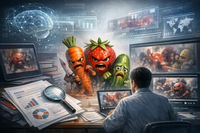 AI-generated illustration of anthropomorphic fruit characters in a dramatic scene on a social media feed