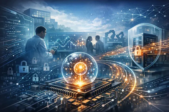 Conceptual image representing Google's HEIR compiler for homomorphic encryption, showing encrypted data flowing through a compiler pipeline to produce private AI inference