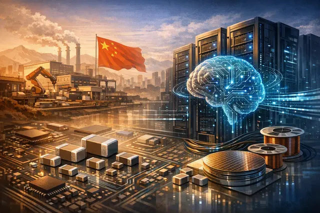 An AI-generated editorial illustration showing a multilayer ceramic capacitor (MLCC) amidst circuit board traces and digital lines, symbolizing the intersection of advanced electro