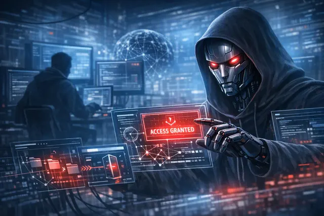 Illustration of an AI agent coordinating a live cyberattack across connected government and enterprise systems