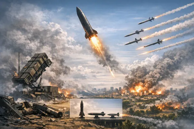 Artistic representation of ballistic missile streaks over a city skyline at night, illustrating the scale of Russia's July 2026 missile campaign against Ukraine.