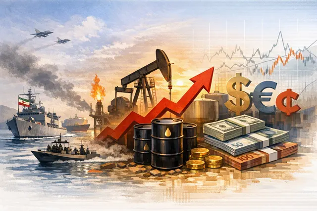 A symbolic image representing global currency markets, oil prices, and geopolitical tensions around the Strait of Hormuz.