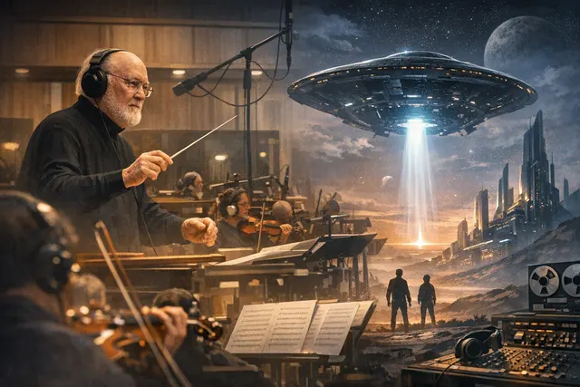 John Williams conducting an orchestra during a recording session for Spielberg's Disclosure Day score