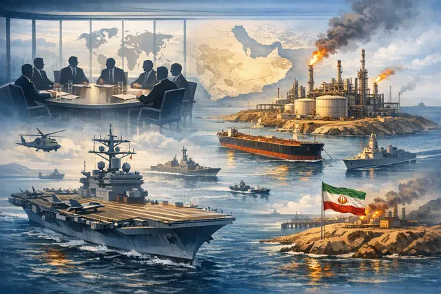 A digital illustration of an oil tanker navigating the Strait of Hormuz with military ships on the horizon, symbolizing the 2026 oil crisis and the shutdown of global energy shippi