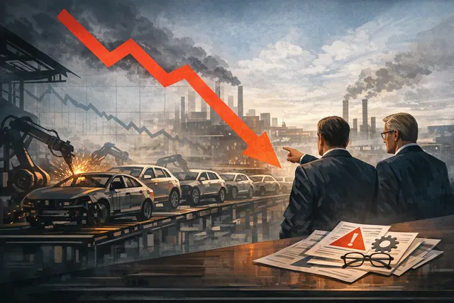 An abstract illustration representing Volkswagen's crisis, with assembly line imagery and financial chart overlays.