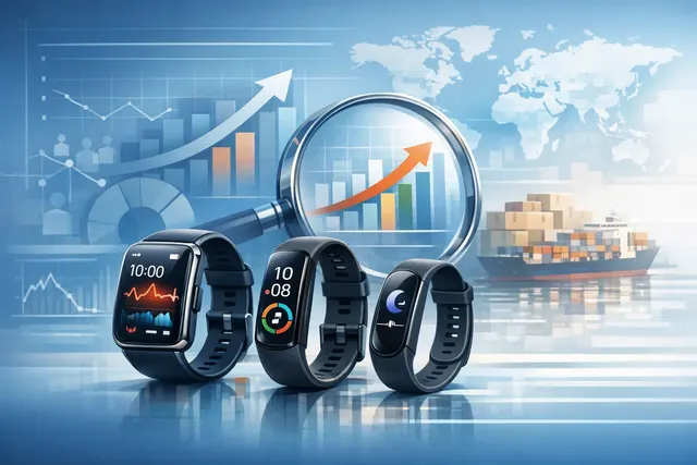 Editorial illustration of Huawei leading a divided global wearable-band market, with smartwatches and minimalist fitness trackers