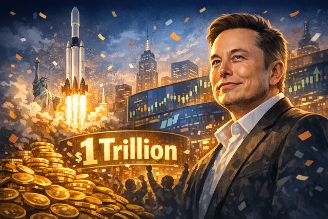 Editorial image of Elon Musk standing before financial tickers showing SpaceX's record IPO surge, reflecting the moment he became the world's first trillionaire.
