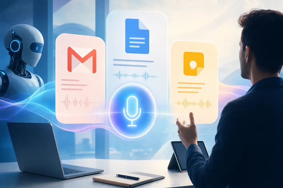 Illustration of Gemini-powered voice features in Gmail, Google Docs, and Google Keep