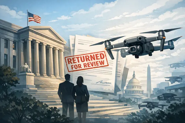 Editorial illustration of a DJI drone and a U.S. appeals court reviewing the company’s Pentagon designation