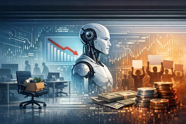 Abstract digital illustration of a human silhouette with AI chatbot symbols overlaid on a call center environment, representing the replacement of customer service jobs by artifici