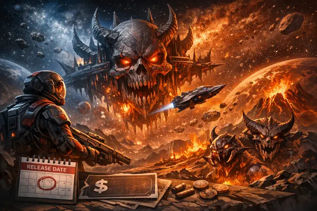 Hell Galaxy Version 1.0 Steam launch key art featuring a bio-ship hybrid in a dark, cosmic setting