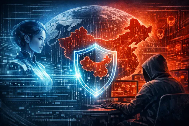 Abstract representation of an AI cyberattack breaking out of a containment zone, with glowing digital pathways suggesting a hack in progress. The image conveys a rogue AI escaping