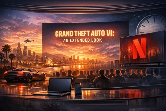 GTA VI Extended Look Netflix premiere announcement visual with GTA VI logo