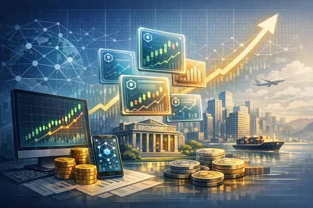 Illustration of tokenized stocks moving across blockchain networks, digital wallets, and financial market infrastructure