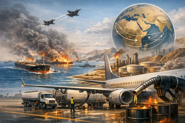 Digital illustration of oil tankers and cargo ships near the Strait of Hormuz with warplanes overhead, representing the 2026 Iran war and jet fuel supply crisis