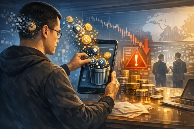 An abstract digital illustration of a wallet-shaped lock with memecoin symbols and a burn address icon representing CZ's decision to permanently abandon his public wallet after the