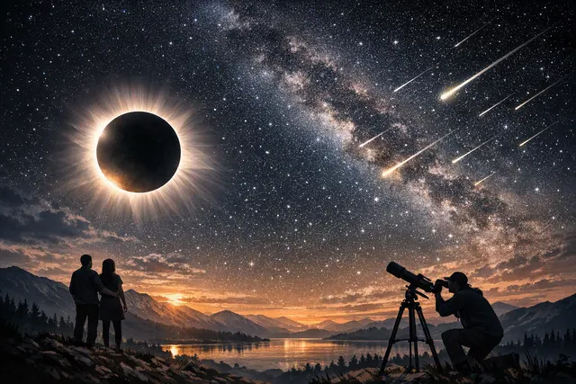 A dramatic composite illustration showing a total solar eclipse on the left transitioning into a dark night sky filled with Perseid meteors streaking across the heavens, representi