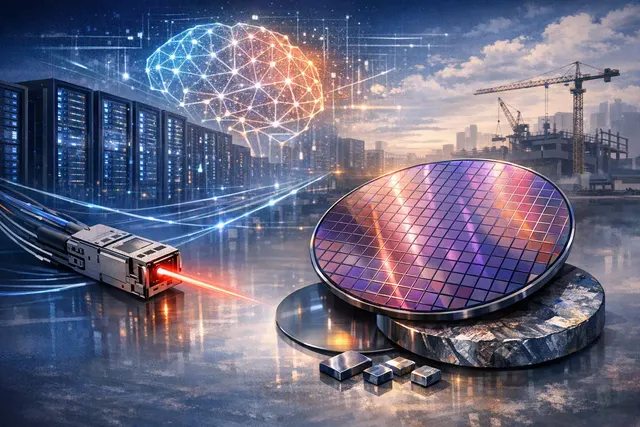 Illustration of indium phosphide wafers and optical data links inside an AI data centre