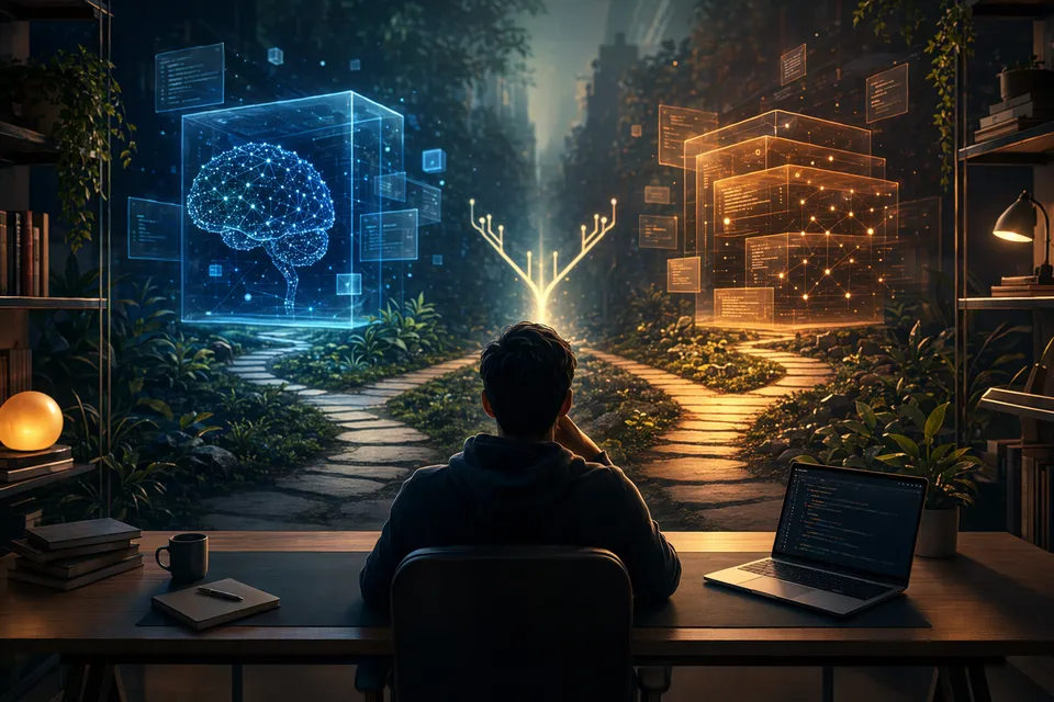 Codex और Claude Code AI coding agents की workflow comparison को दिखाता editorial illustration