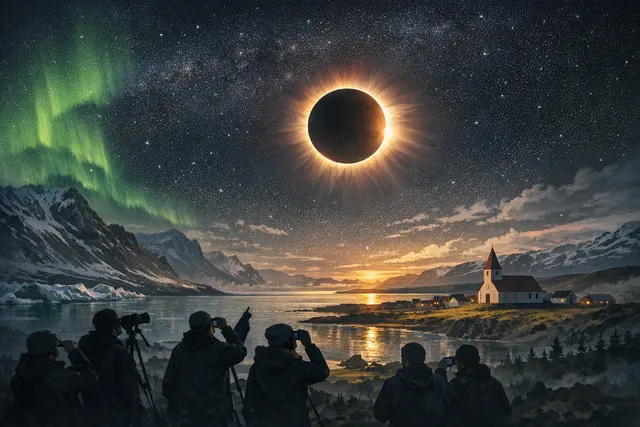 A dramatic total solar eclipse with the Moon completely covering the Sun, producing a bright corona against a dark sky, above a mountain landscape.
