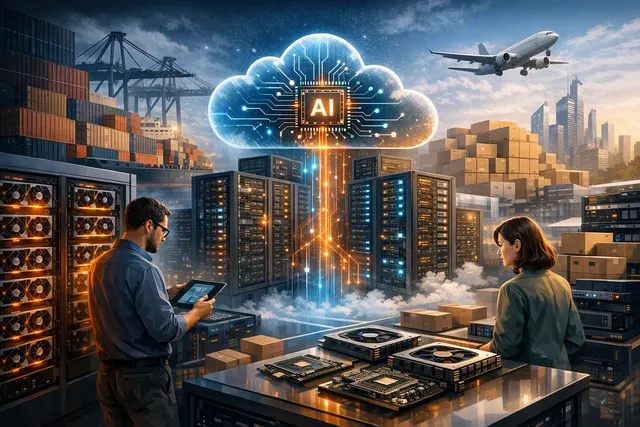 Abstract visualization of hyperscale cloud data center infrastructure with server racks and data flow, representing AWS, Microsoft Azure, and Google Cloud's dominance in hardware s