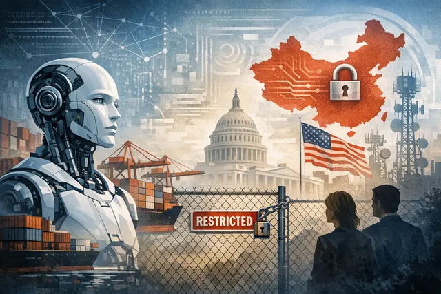 Abstract illustration of a humanoid robot silhouette against a backdrop of digital network nodes and cybersecurity icons, representing the FCC ban on Chinese humanoid robots.