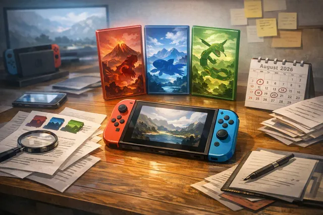 Editorial depiction of Pokémon Ruby, Sapphire, and Emerald coming to Nintendo Switch and Switch 2 in 2026.