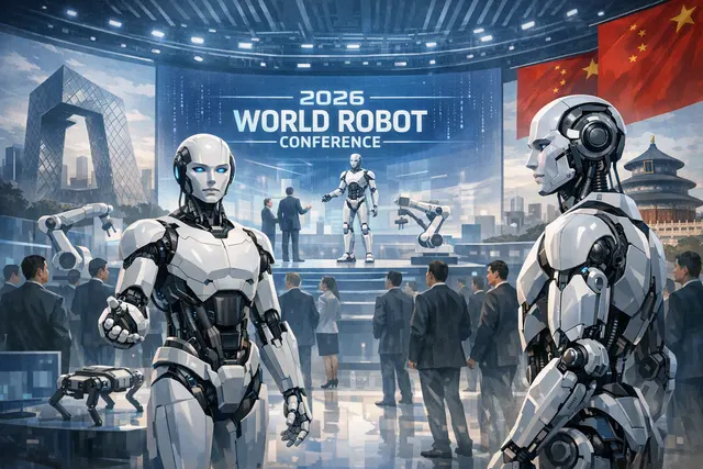 Editorial illustration of humanoid robots at a major robotics conference in Beijing amid U.S.-China technology competition
