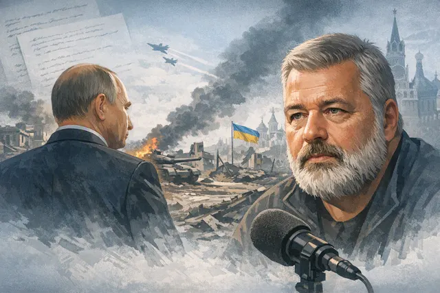 Silhouette of a journalist with a microphone against the backdrop of the Kremlin, representing Dmitry Muratov's interview with the BBC.