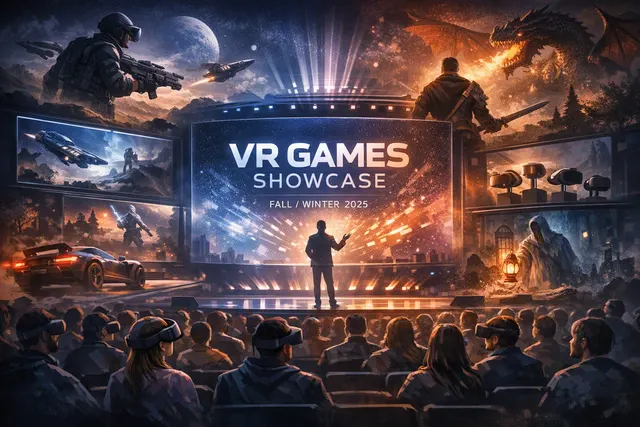Collage of VR headset and game controllers against a colorful gradient background