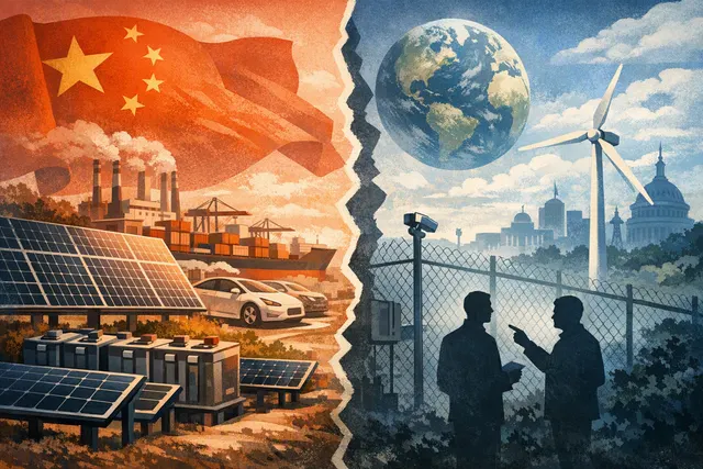 Illustration of solar panels, batteries and electric vehicles linked across global supply chains, representing China’s clean-tech dominance and the climate-security dilemma